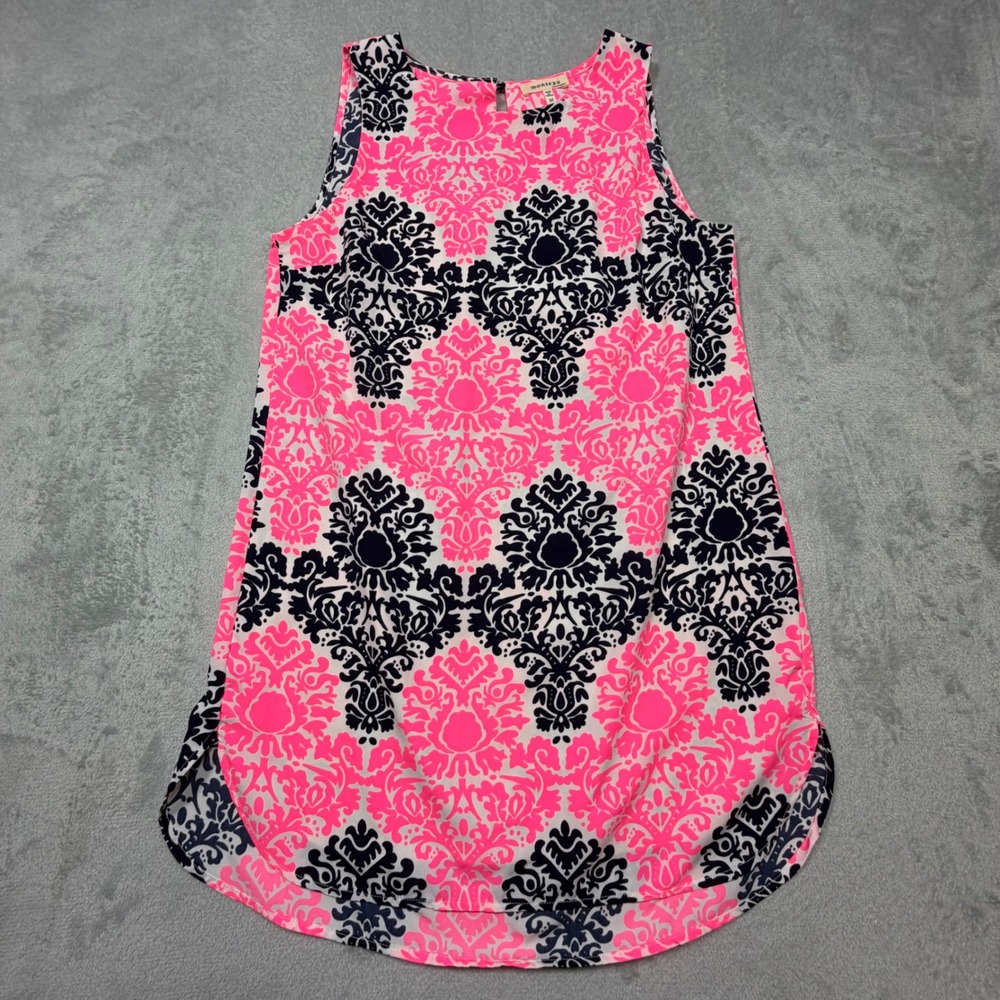 Monteau Pink Navy Damask Print Sleeveless Keyhole Back Tunic Top Size M